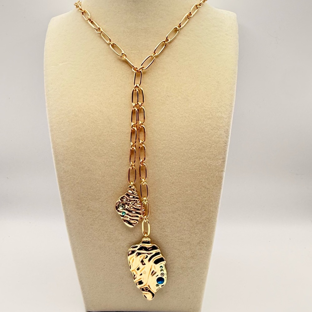 NWT INC Gold-Tone Crystal Shell Lariat Necklace Chain 18”+3” Extender Beach Glam